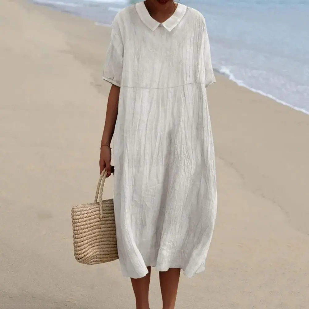 

Lady Midi Dress Lady Pullover Dress Stylish Women's Midi Dress with Short Sleeves Loose Lapel Solid Color for Summer for Women
