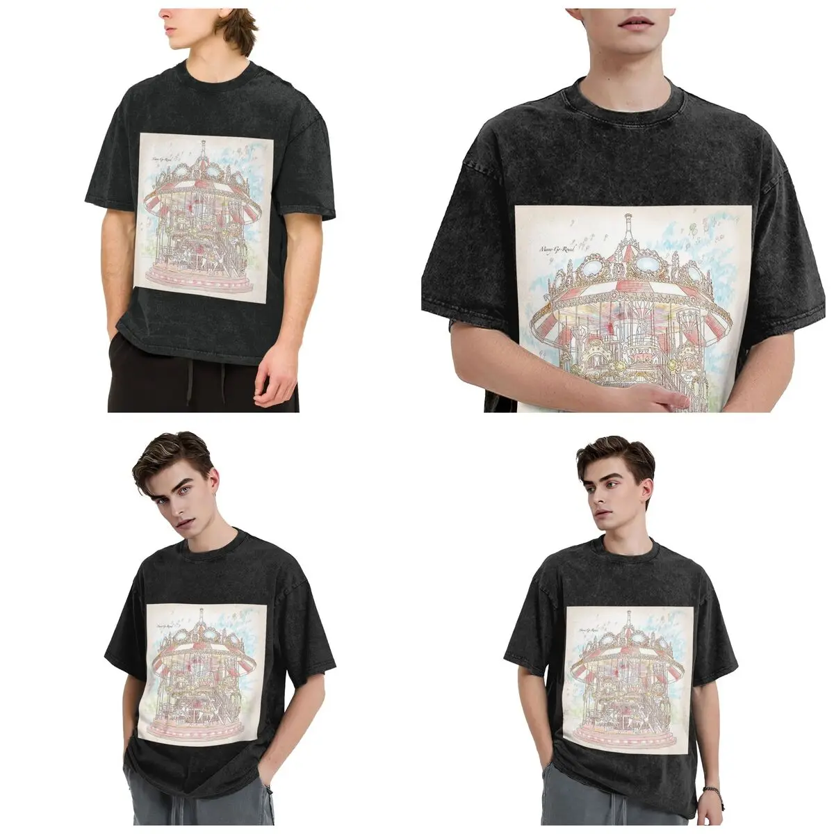 Pastel Circus Carousel Hip Hop Short Sleeve T-Shirts Washed Tops Tees Streetwear T Shirt Cotton for Men woman