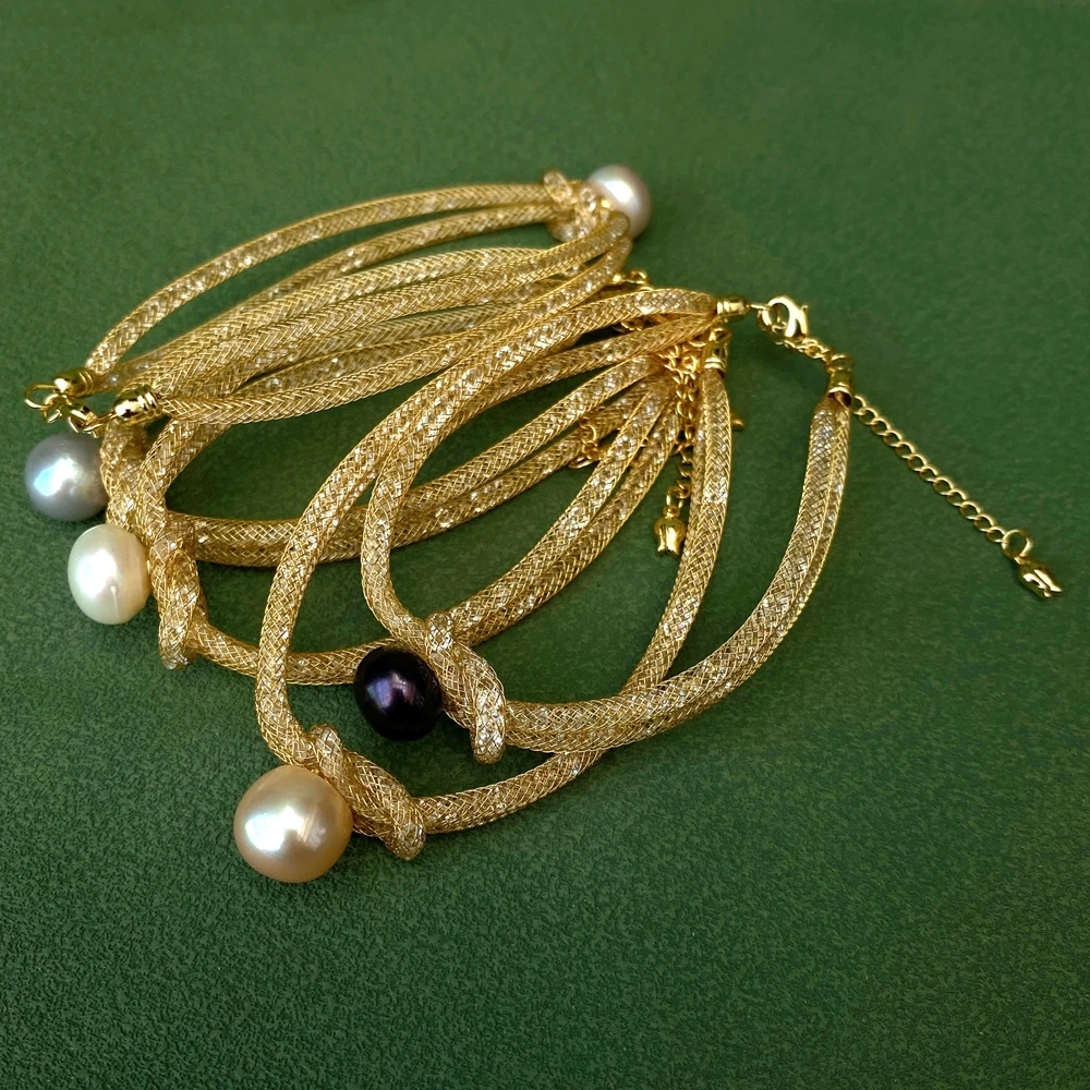 YYGEM 5 Pcs 10mm Natural Freshwater Pearl Copper Gold Plated Chain Bracelet 5