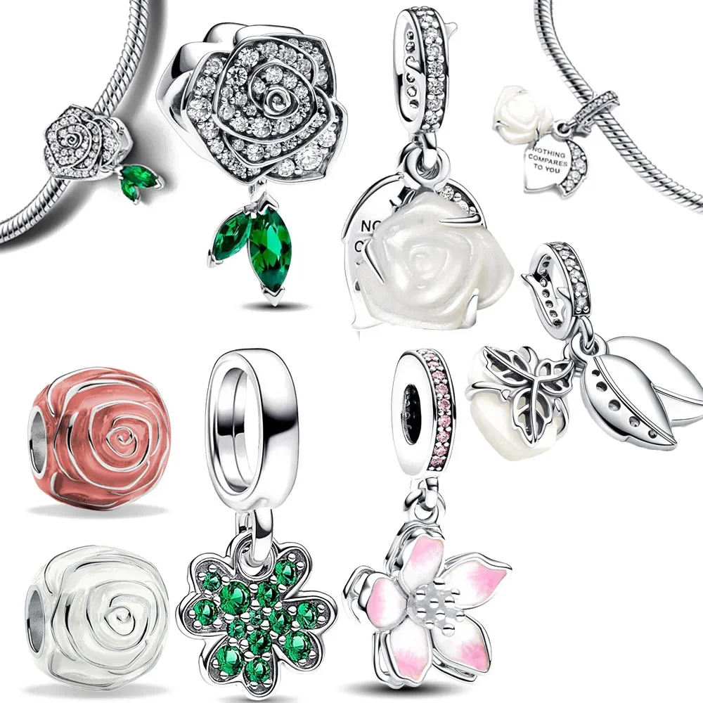 Charm-Anhänger aus 925er-Sterlingsilber mit funkelnder Rose in Blüte, passend für Pandora-Charms aus 925er-Silber, Original-Armbänder, DIY-Schmuck, Geschenk