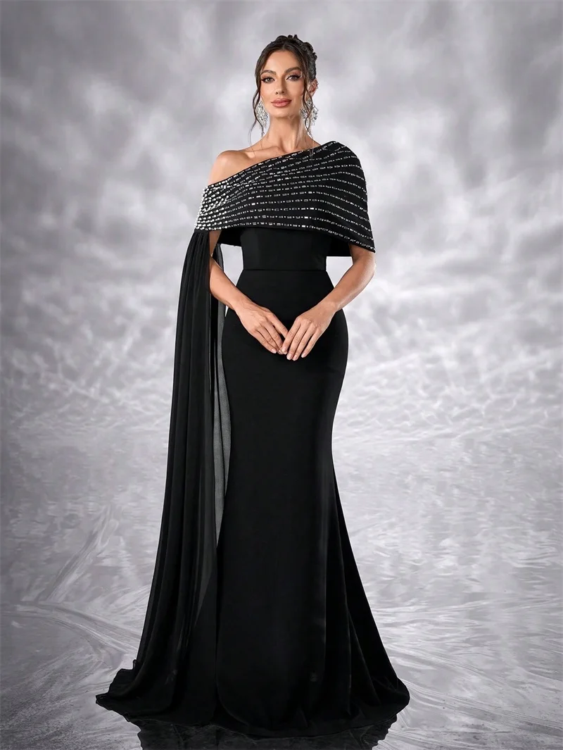 

Luxury Crystals Prom Dress With Wrap Cape Sexy Sleeveless Long Mermaid Long Party Gown Formal Wedding Birthday Evening Robe