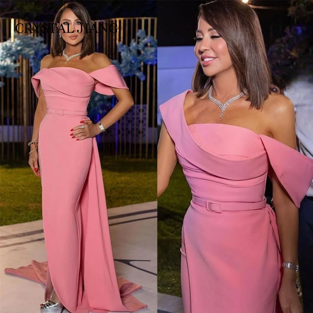 

Classy Long Pink Off the Shoulder Satin Evening Dresses Short Sleeves with Belt Mermaid Slit Sweep Train فساتين سهرة