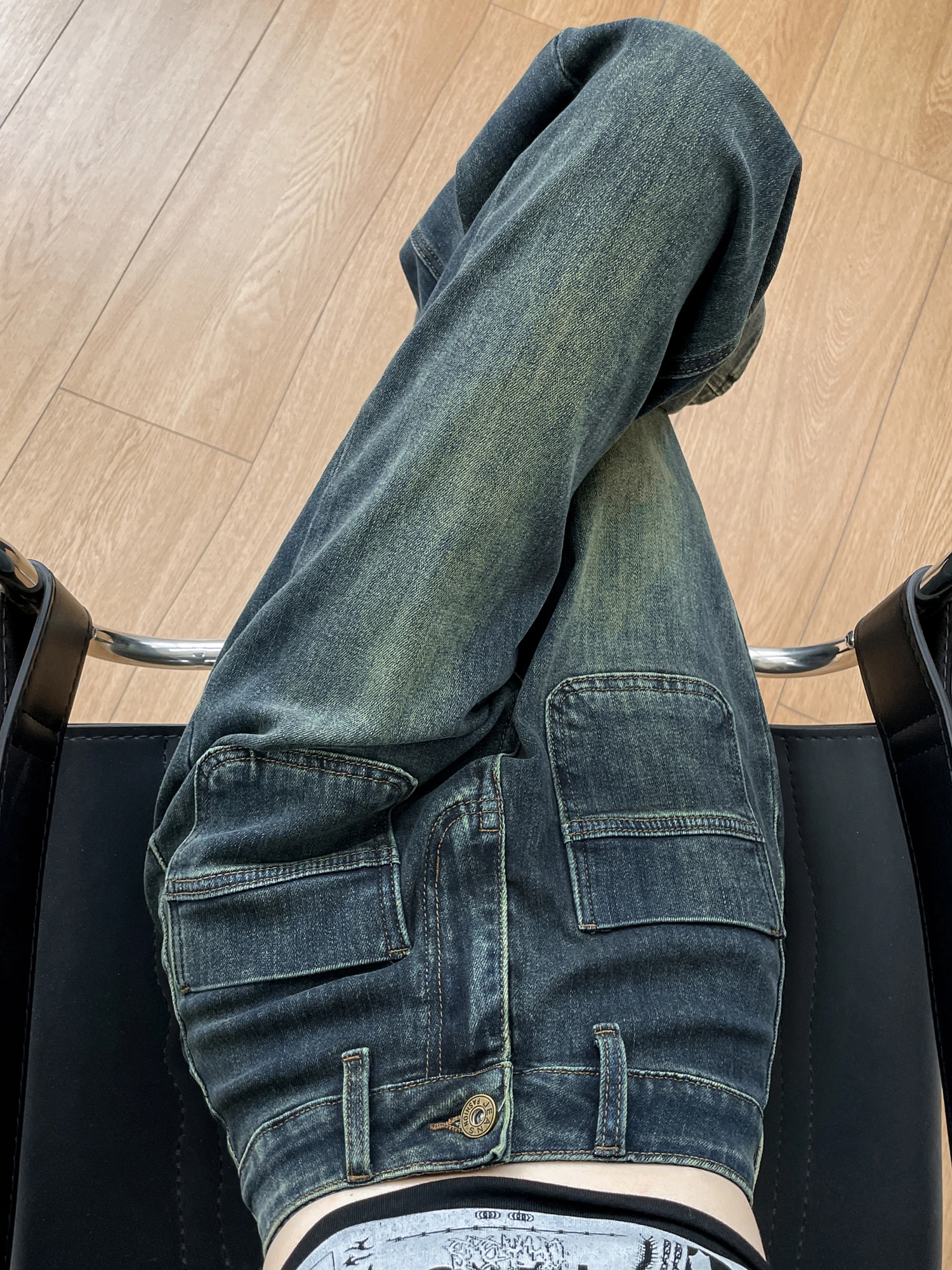 بنطلون جينز نسائي بخصر عالٍ وساق واسعة، تصميم ضيق مستقيم لفصلي الربيع والخريف، مقاس صغير مريح ومرن من الدنيم الأزرق