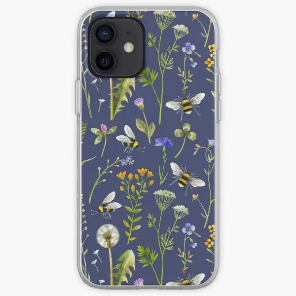 Bees And Wildflowers Dark Blue Iphone  Phone Case Customizable for iPhone 6 6S 7 8 Plus 11 12 13 14 Pro Max Mini X XS XR Max