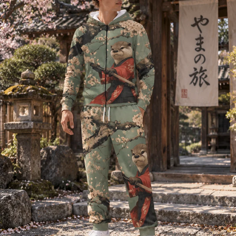 Men's Samurai Otter Tracksuit 2Pcs Set Cherry Blossom Print Zip Up Hoodie Sweatpants Japanese Anime Streetwear
