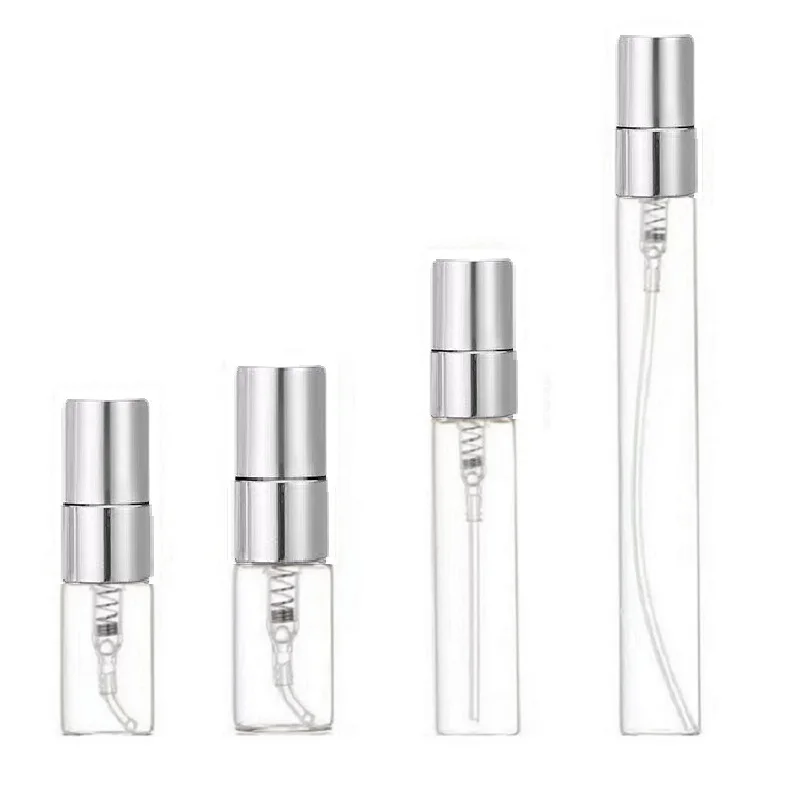 

50Pcs Mini Perfume Refillable Bottle Empty Clear Glass Vials 2ml 3m 5ml 10ml Silver Pump Packing Portable Atomizer Spray Bottles