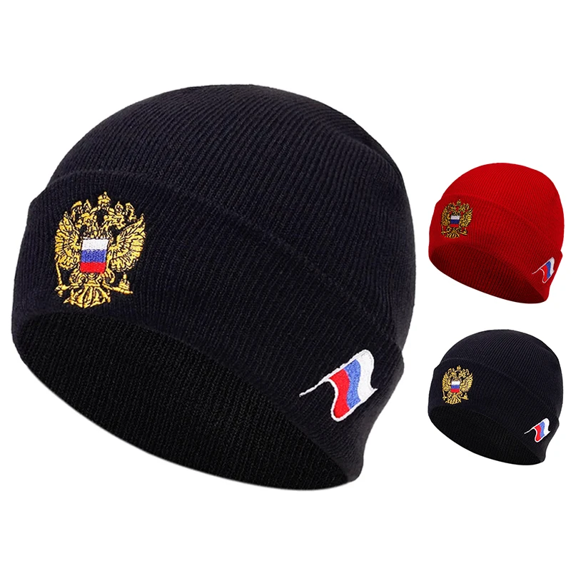 Unisex Russian Flag Pattern Embroidery Beanies Autumn Winter Warm Beanie Hat Caps for Women Men