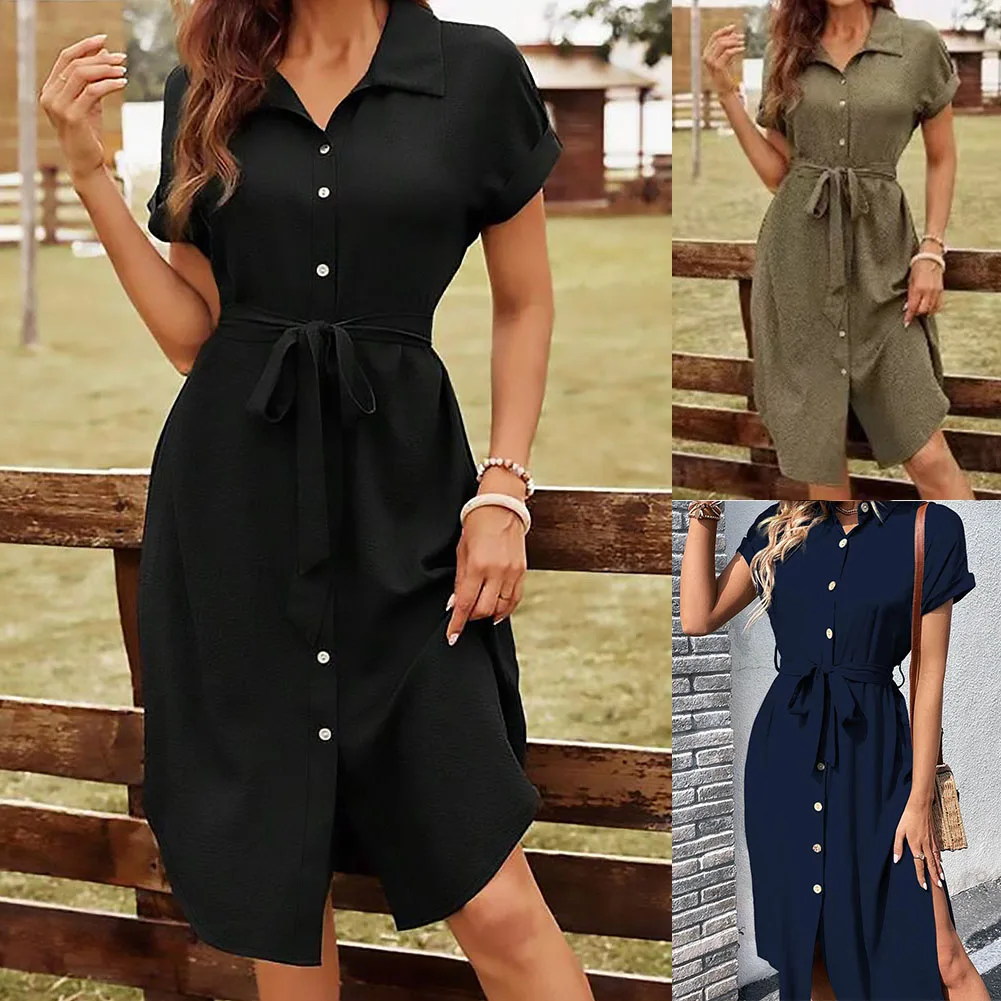 

Casual Lapel Collar Dress for Women with Tie Waist Belt and A Line Silhouette Designed for Comfortable Commuting and Social Use