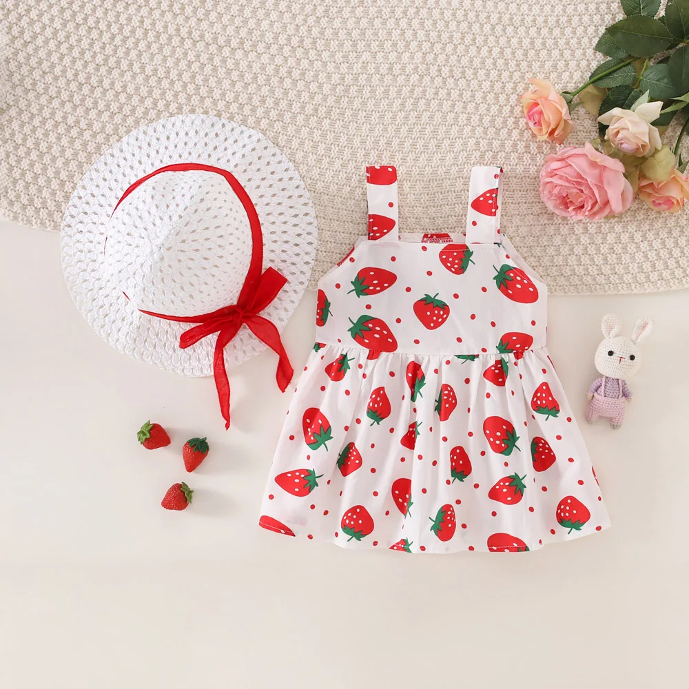 Summer Baby Girl Dress Hat 2/Piece Set Girls\' Small Round Dot Strawberry Printed Front Bow Daily Casual Dress