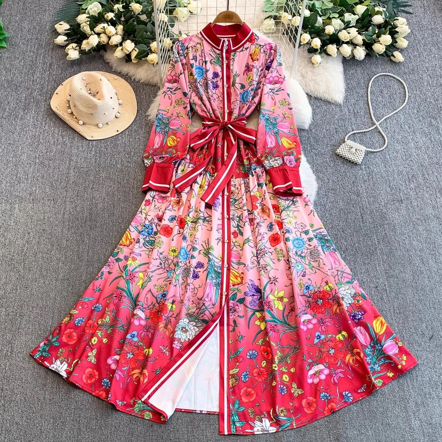 Runway Summer Autumn Holiday Gorgeous Floral Maxi Dress Women's Stand Lantern Sleeve Single Breasted Loose Belt Long Vestidos