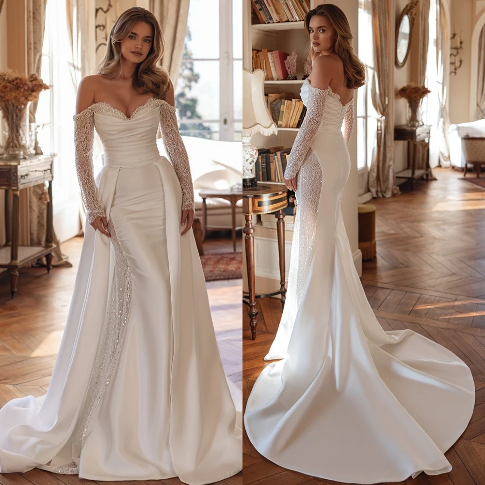 فستان سهرة من الساتان رائع مخصص برقبة على شكل حرف V وأكمام طويلة فساتين زفاف حساسة مطرزة للمناسبات الخاصة