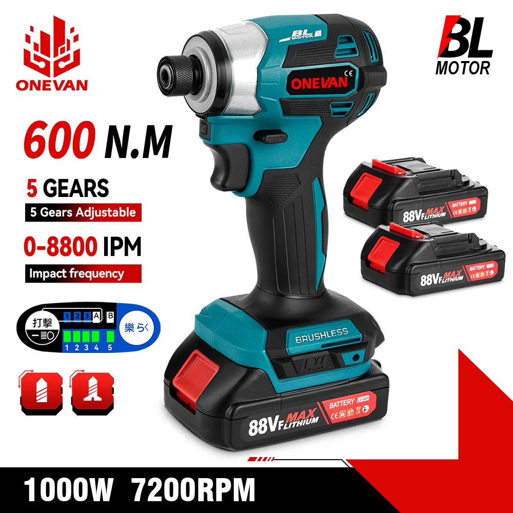 ONEVAN 600N.m Cordless Brushless Electric Screwdriver 5-Speed Electric Impact Driver Kit Cordless Drill for Makita 18V Battery