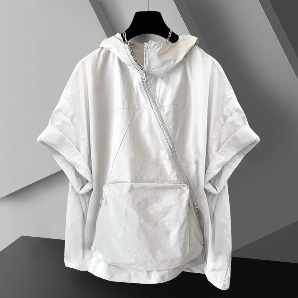 Men Summer T-shirt Hooded Big Patch Pocket Zipper Closure Oversized Pure Color Baggy Short Sleeves Mid Length Streetwear Hip Hop