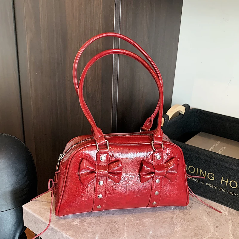 

Vintage Women Business Shoulder Bags Simple Ladies Commute Tote Bag Red Pu Leather Female Underarm Bag Trend Bow Handbags Purse
