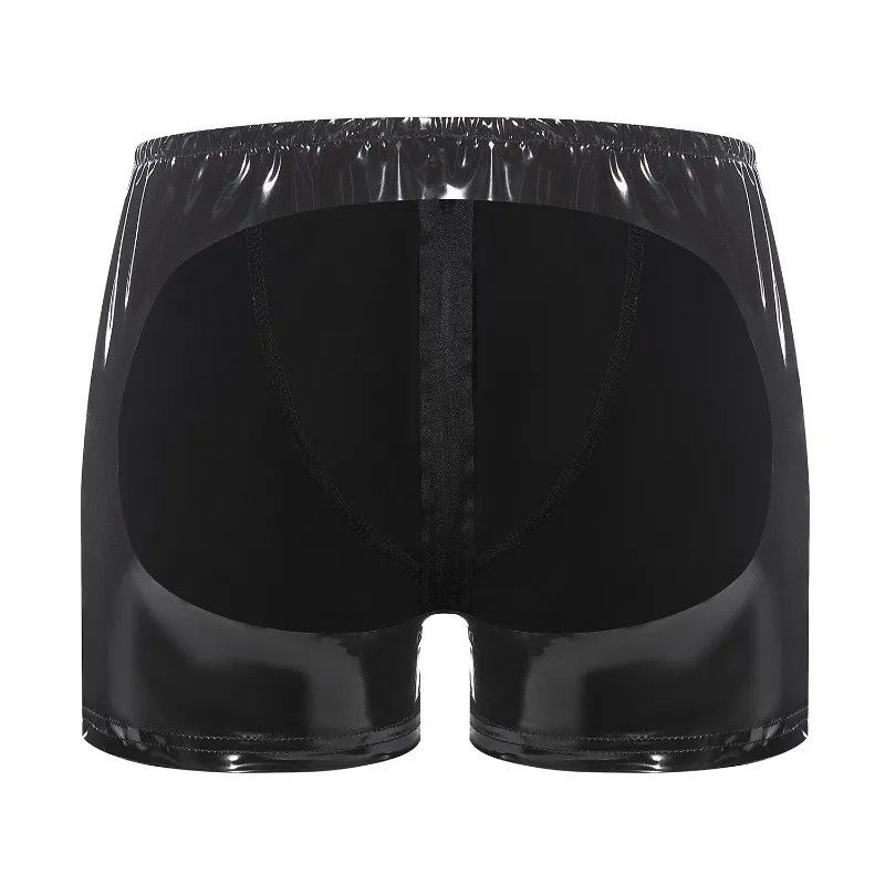 Sexy Zipper Boxer Hot Man Underwear PVC Faux Leather Briefs Gay Rear hollow Shorts Black Wetlook Male Performance Underpants