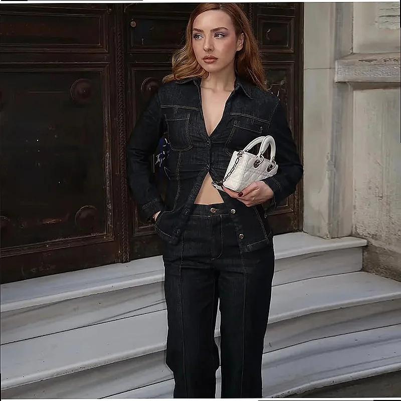 Retro Denim Long Sleeve Matching Set Women Casual Blazer Overall Jumpsuit Pants Spring Summer