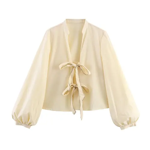 Imagen 2 del producto Blusa de primavera y otoño recortada, camisas a rayas para mujer, blusa blanca con lazo recortado, Top de manga larga con lazo, Tops con cordones para mujer