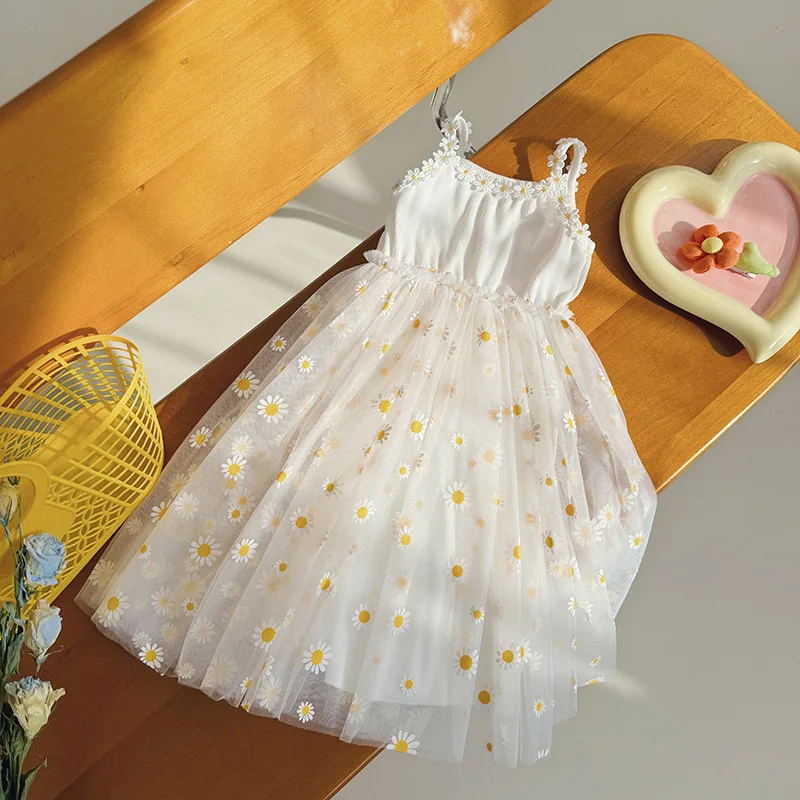 2 To 7 Years Girls Casual Dresses Little Daisy Flower Mesh Dress For Girls Summer Camisole Pompadour Dress Girls Clothes