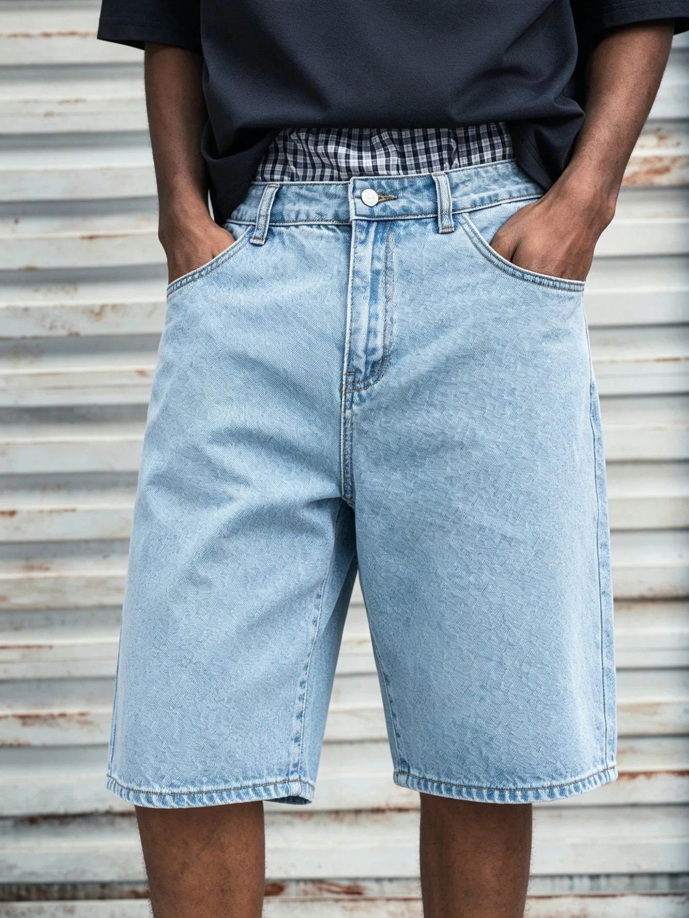Classic washed blue denim jorts male non stretch loose comfy fit daily street travel leisure casual daily bottom clothes