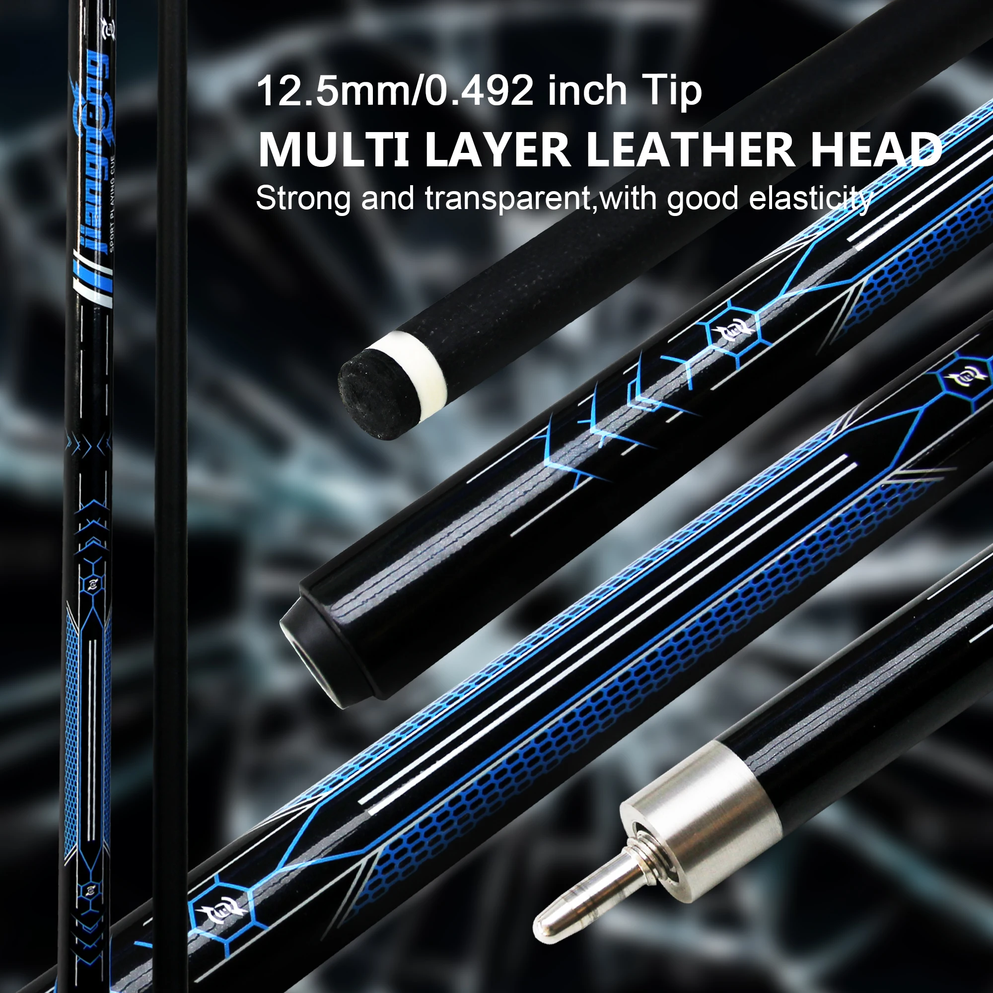 Professional Billiards Cue 12.5mm Tip Tech Fiber Glass Carbon Balanced Weight Ideal for American Pool and Café Billiards Players