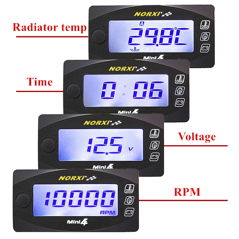 Motorcycles mini 4 dual temp Fin Type Sensor Voltage Time RPM Tachometer Norxi LED Digital Display Quad gauge