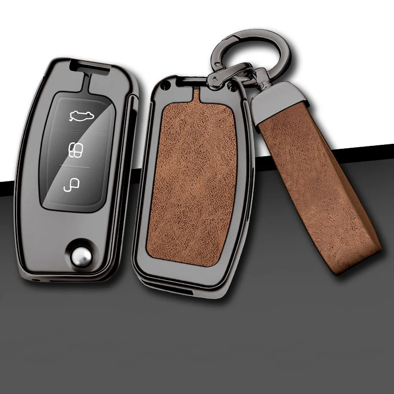 Metal Leather Car Key Case For Ford Focus 2 3 Ecosport C-Max S-Max Ka Mondeo Kuga Galaxy Fiesta Key Chain Accessories