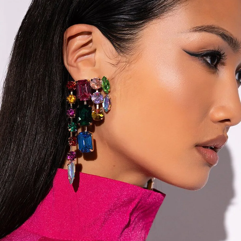 Fashion Bohemia Earrings for Women Statement Soldering Long Jewelry Colorful Rhinestones Classic Luxury Party Ear Accessories