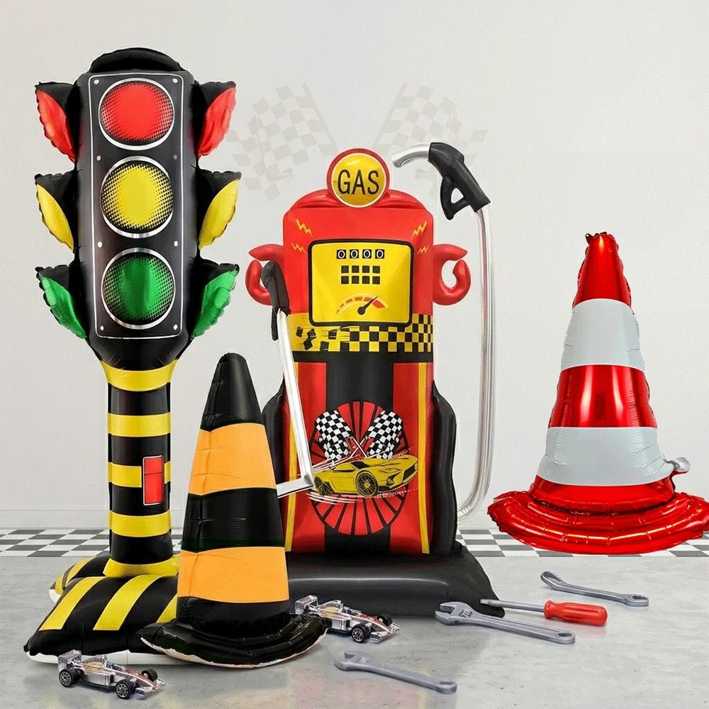 Race Car Birthday Party Decor Giant Inflatable Traffic Light Gas Station Pump Cone Foil Balloons for Boys Racing Theme Supplies
