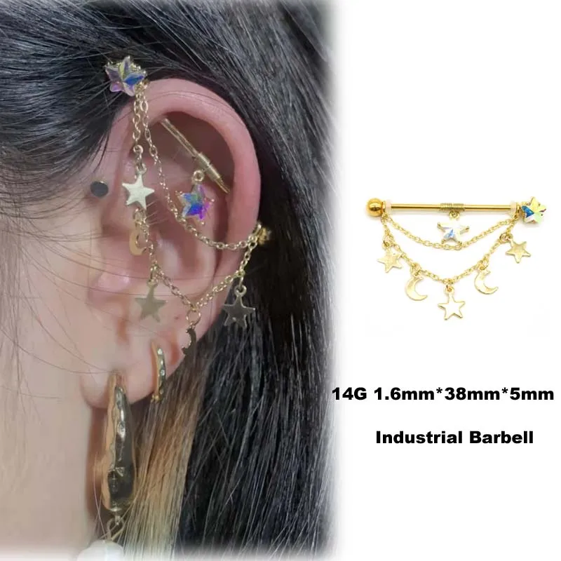 1PC  Industrial Piercing Stainless Steel Helix Piercing Earring Star Moon Dangle Chain Cartilage 14G Gauge Barbell Wholesale