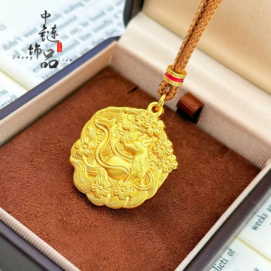 Engraved Tang grass grain peace joy pendant new Chinese style assorted peach fox 9999gold