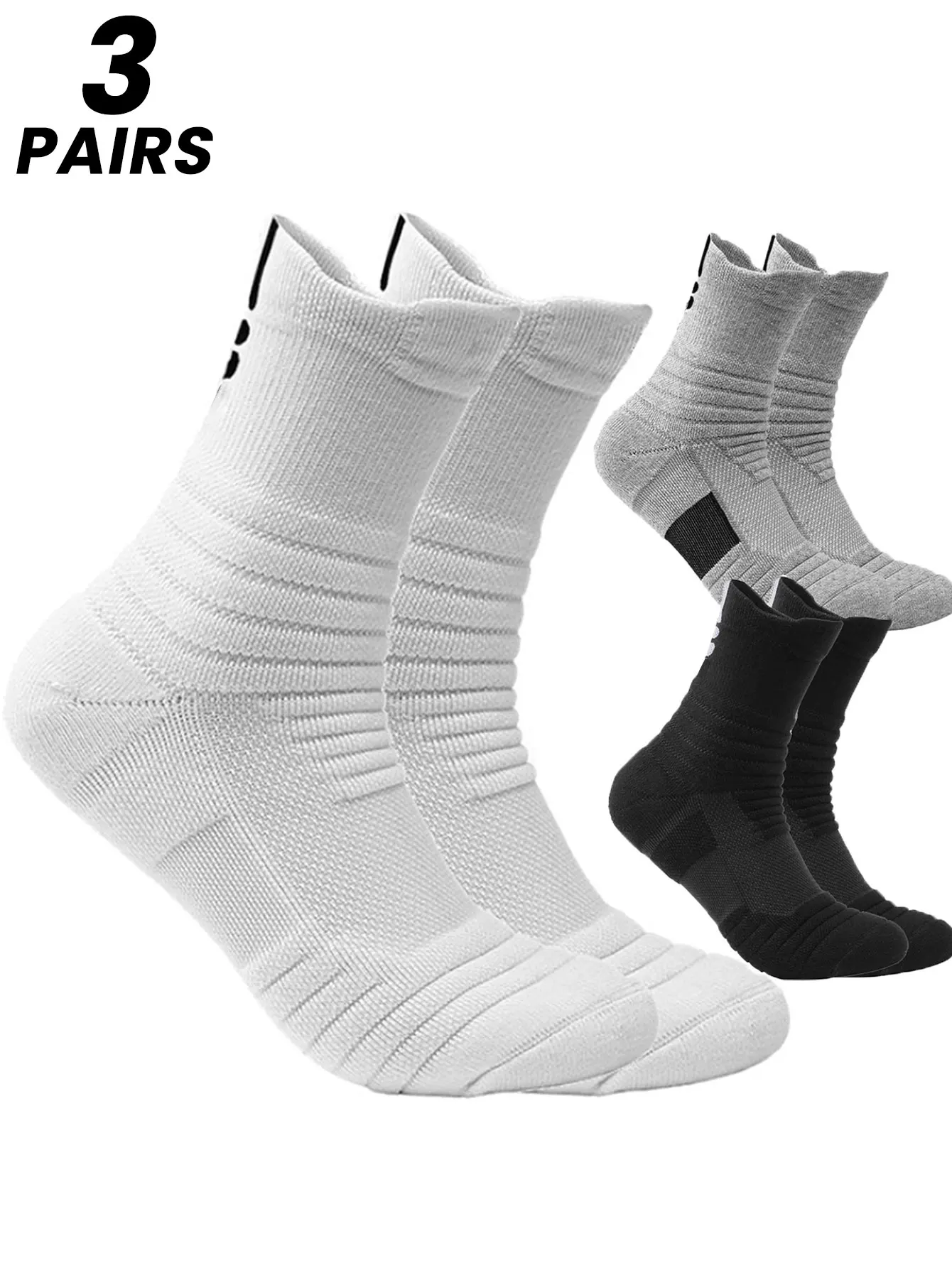 3 pairs of basketball socks, breathable, cushioned, shock-absorbing, unisex, elastic arch support, comfortable and refreshing mid-calf socks, breathable