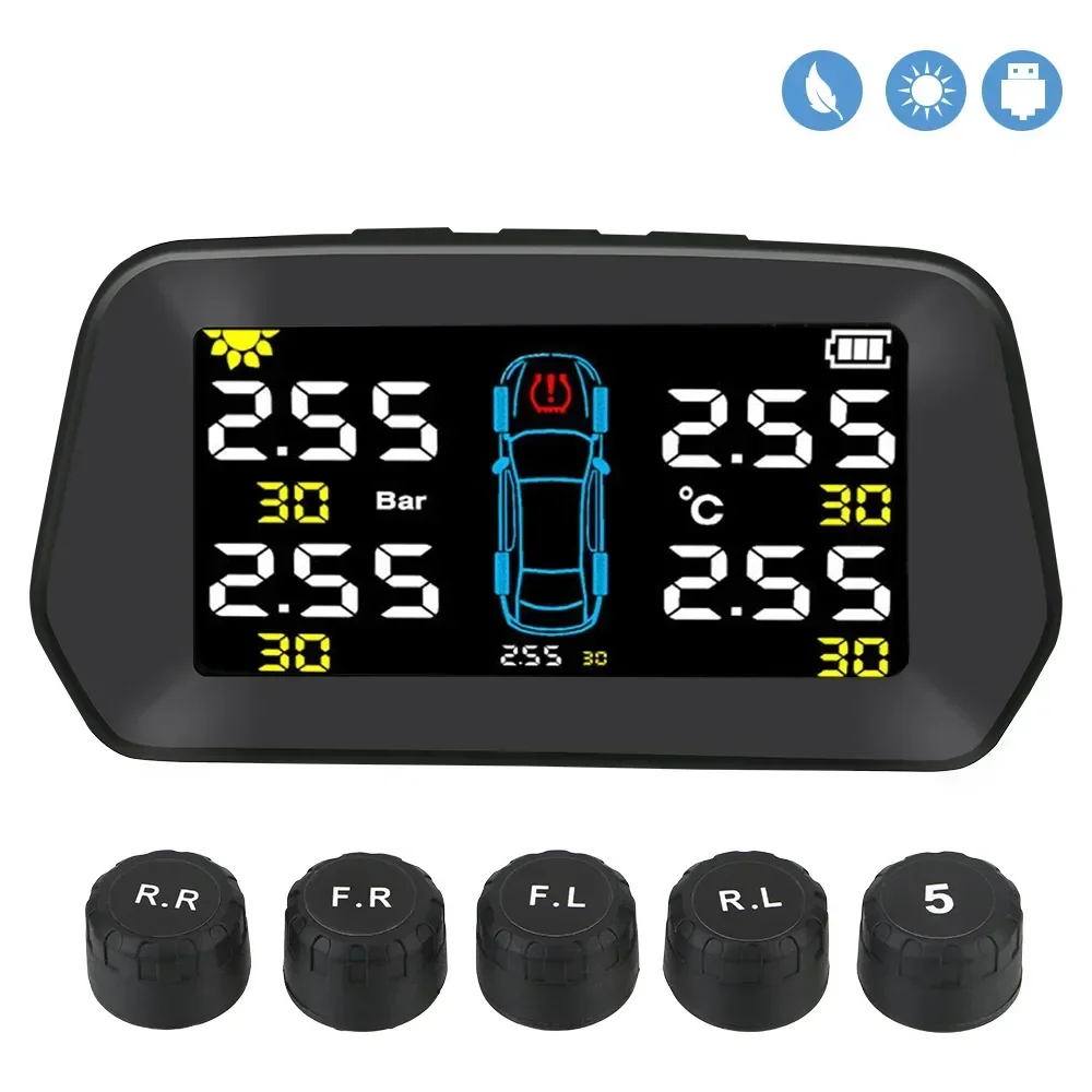 

Solar Tire Pressure Monitoring Digital LCD Display Alarm Sensor Solar Power Car TPMS With 5 WheelPART