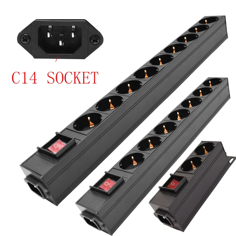 PDU Power Strip Distribution Unit Cabinet 2/4/6/8/10 Way AC German Socket Break Switch Aluminum alloy shell C14 port