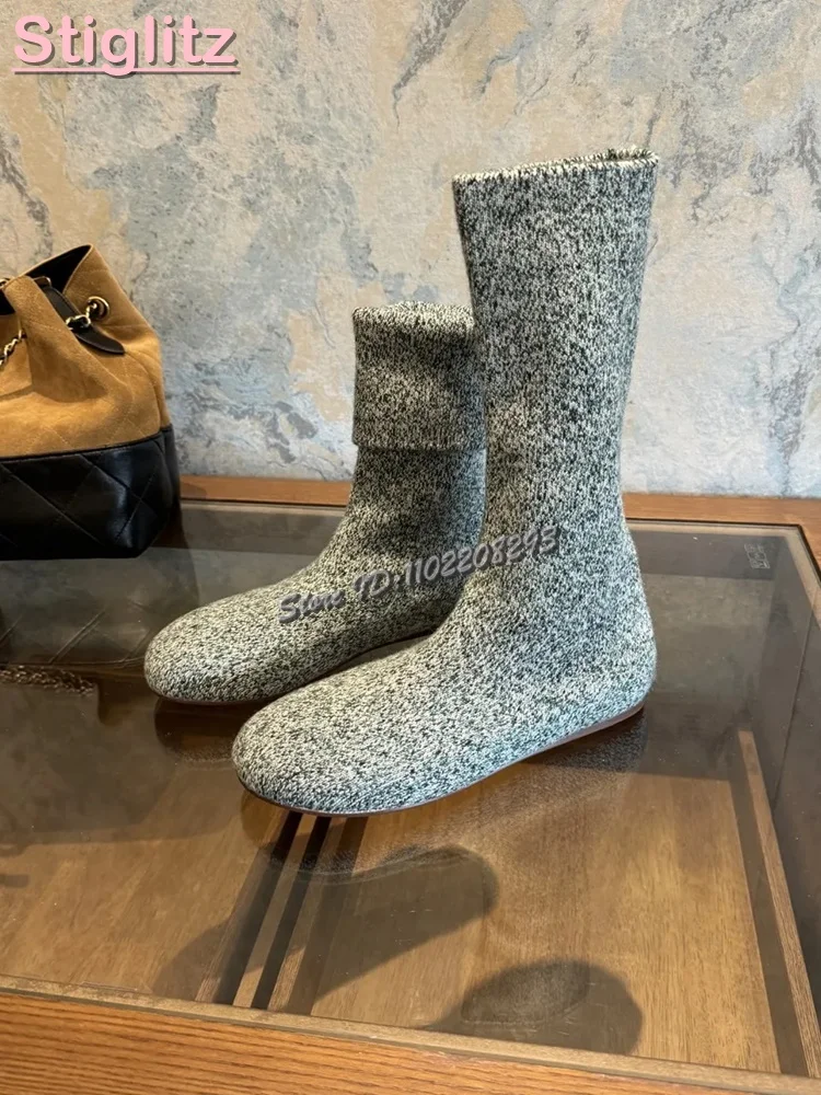 محبوك جولة تو شقة تمتد الأحذية الصلبة الانزلاق على منتصف العجل الجوارب الأحذية 2025 الخريف جديد أزياء المرأة أحذية دافئة نمط الشارع #1