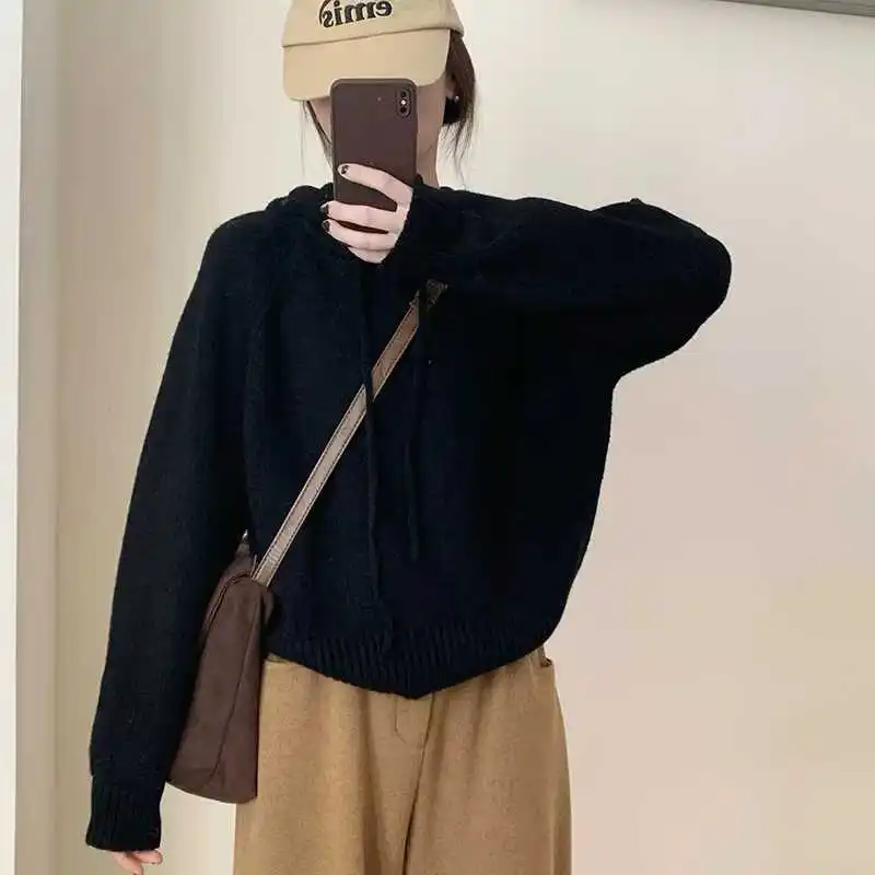 

Loose Fit Autumn Winter New Korean Version Slimming Knitwear Comfortable Polyester Laid-back Style Warm Knitted Hoodie Casual