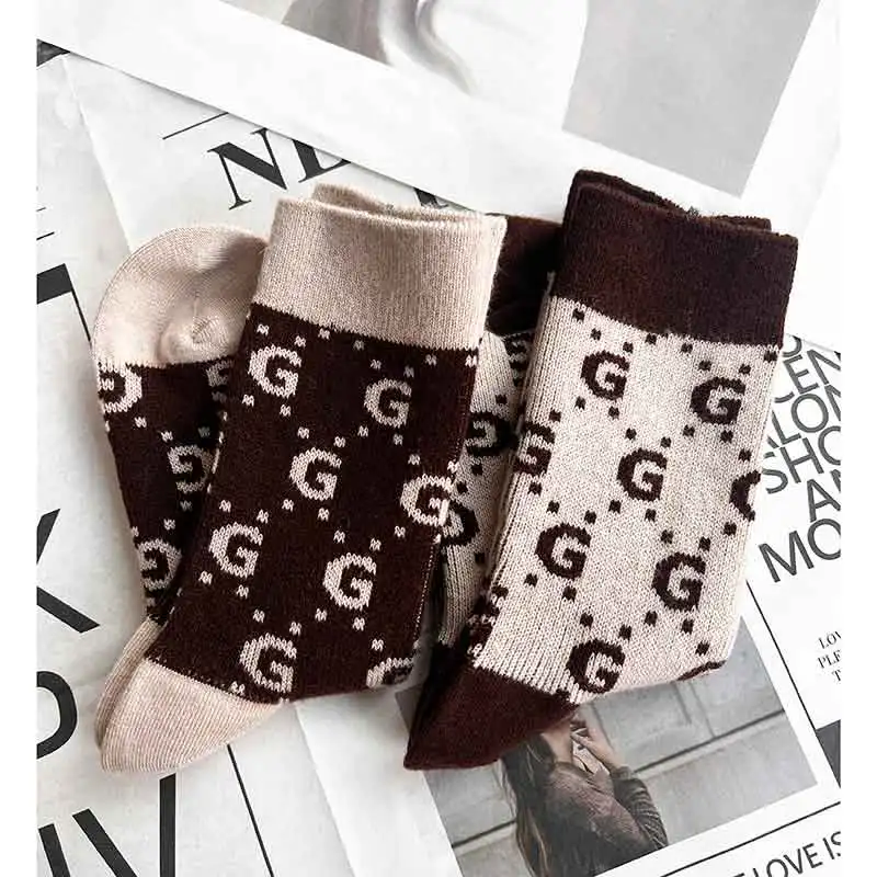 Winter Thickened Wool Socks, Women's Personality Letters, Maillard, Color-blocked Socks, Korean Ins, Tide Warm Wear