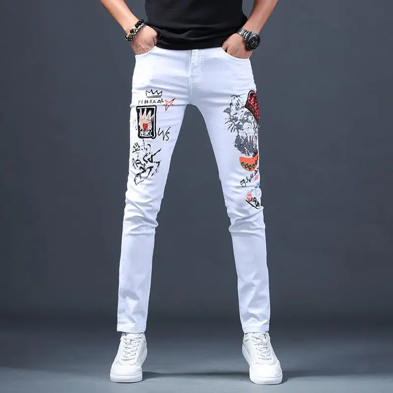 Spring Summer White Hot Drill Ripped Cowboy Korean Style Streetwear Men Washed Luxury Holes Slim Hip-hop Stylish Jeans Trousers