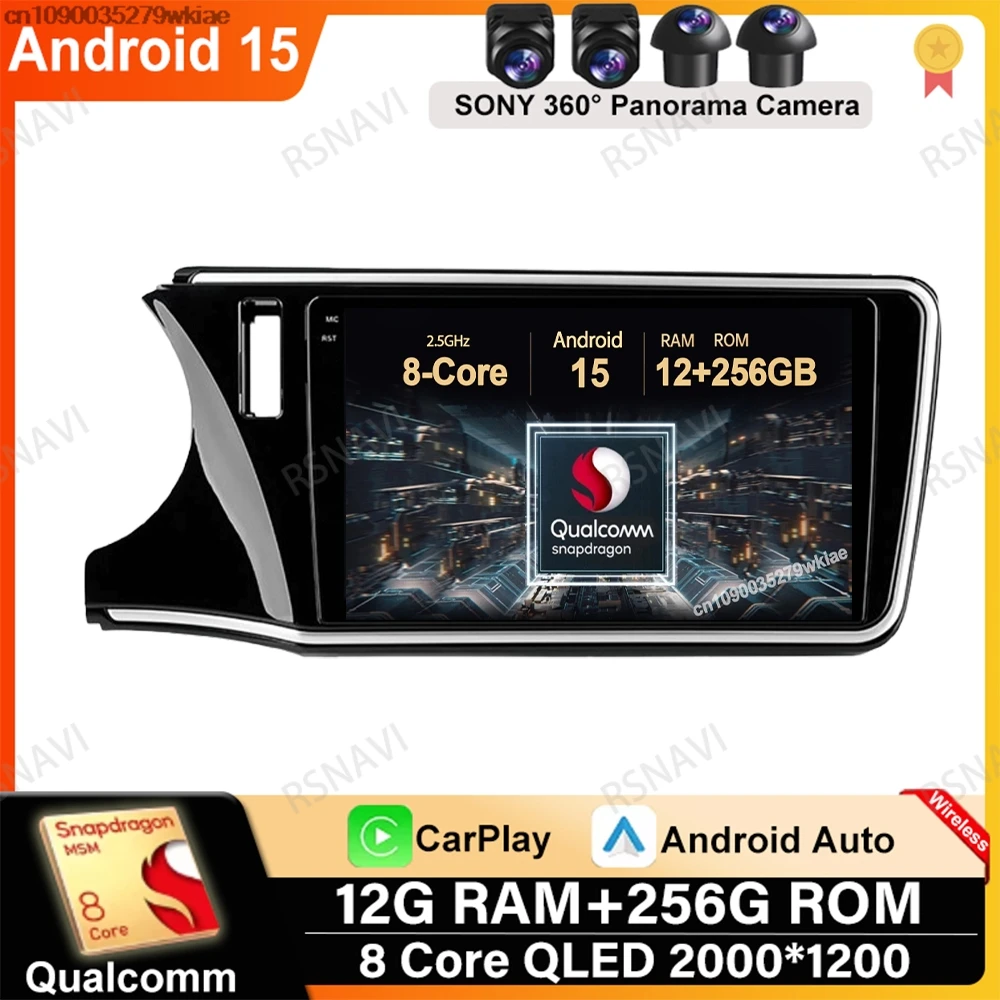 Android 15 For Honda City 2014-2017 RDS 9/10 Inch Viedo Player QLED Stereo AUTO 360 Camera Carplay BT WIFI+ 4G LTE Navigation