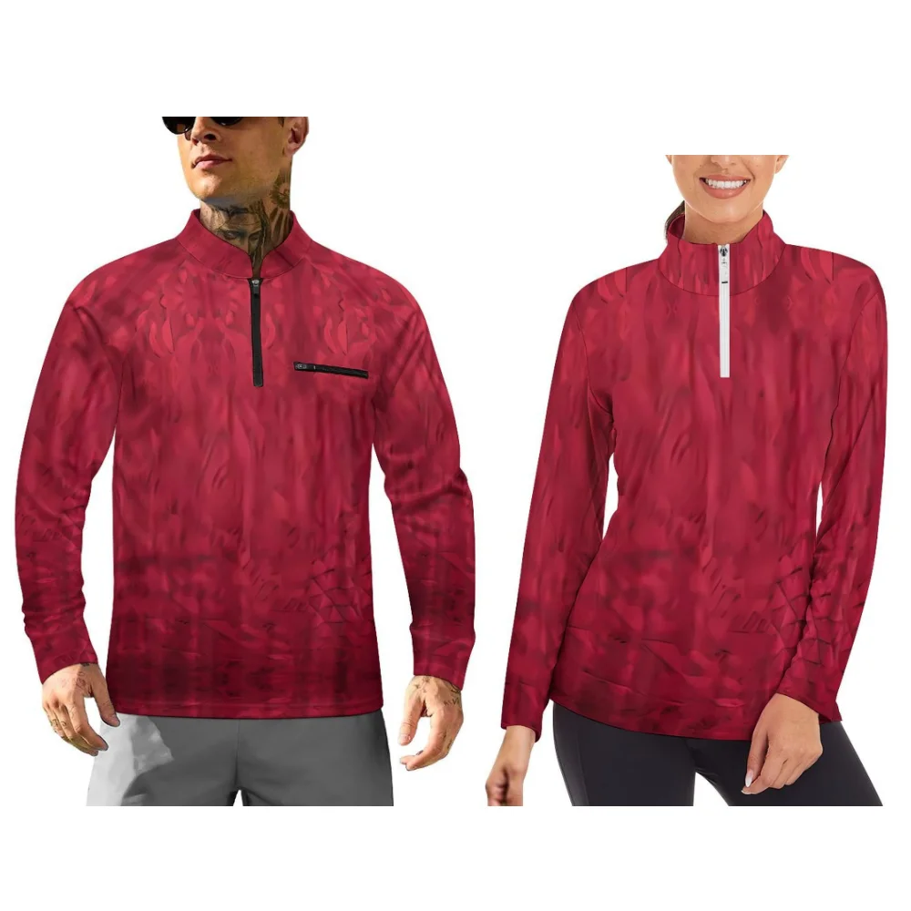 

New Customizable Long-Sleeved Sportswear With A Neckline Zipper Design And Polynesian Floral Print For Sporty Couples