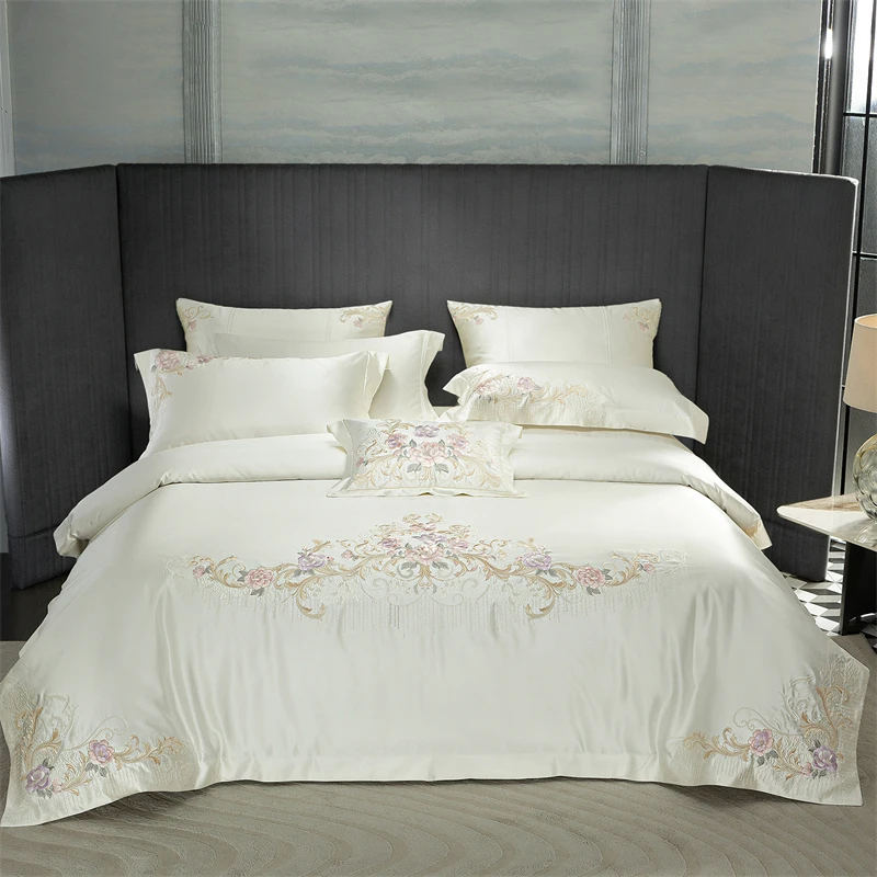 4/7Pcs Luxury Peony Flowers Embroidery Bedding Set Gorgeous Brocade Egyptian Cotton Silky Soft Duvet Cover Bed Sheet Pillowcases