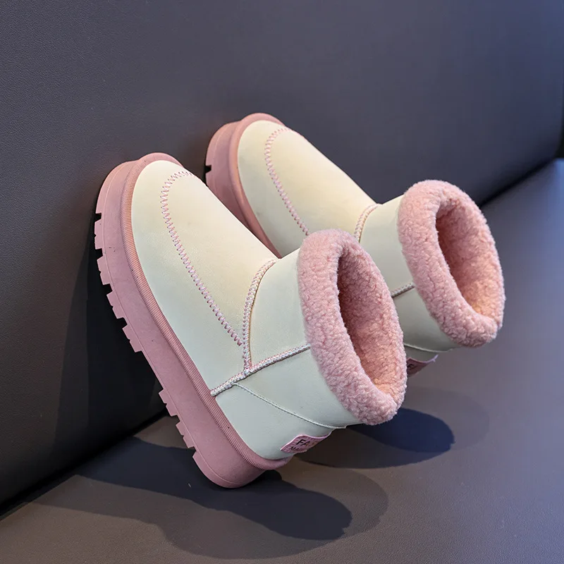 أحذية الثلوج حذاء من الجلد حذاء مسطح القطن موضة الشتاء أحذية للفتيات المضادة للانزلاق سميكة القاع الدافئة الأصفر الوردي الأحذية حجم 32-40 #3