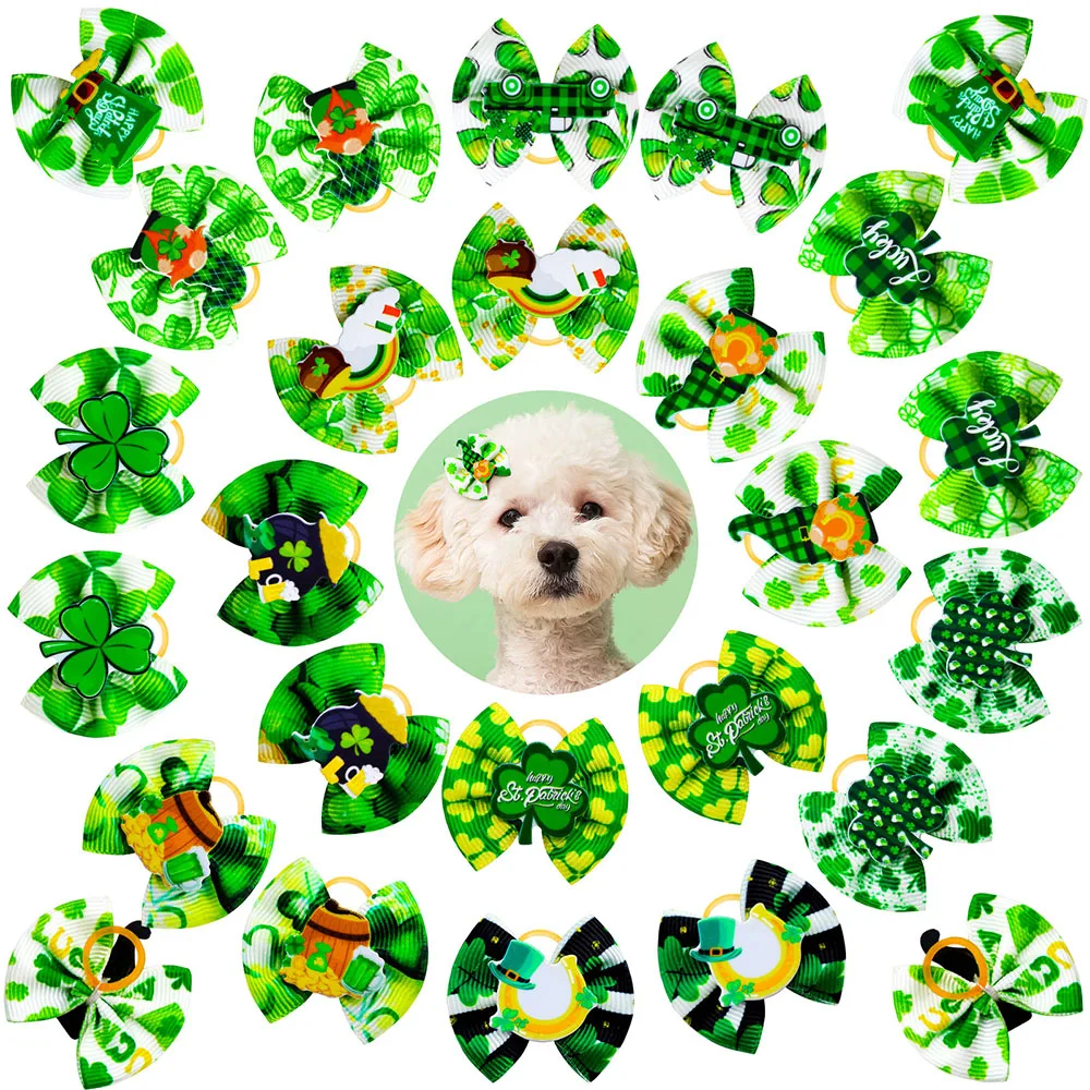 20PCS Saint Patrick\'s Day Pet Supplies Dog Bows Puppy Cat Hair Bows Rubber Bands for Dogs Cute Headwear Dog Hair Accessories