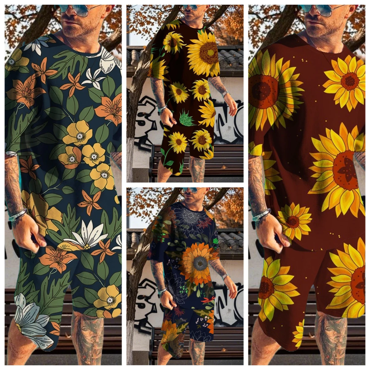 

25/26 Новый летний комплект с 3D принтом подсолнуха, модный уличный модный стиль, уличные шорты на шнурке, футболка, комплект из двух предметов