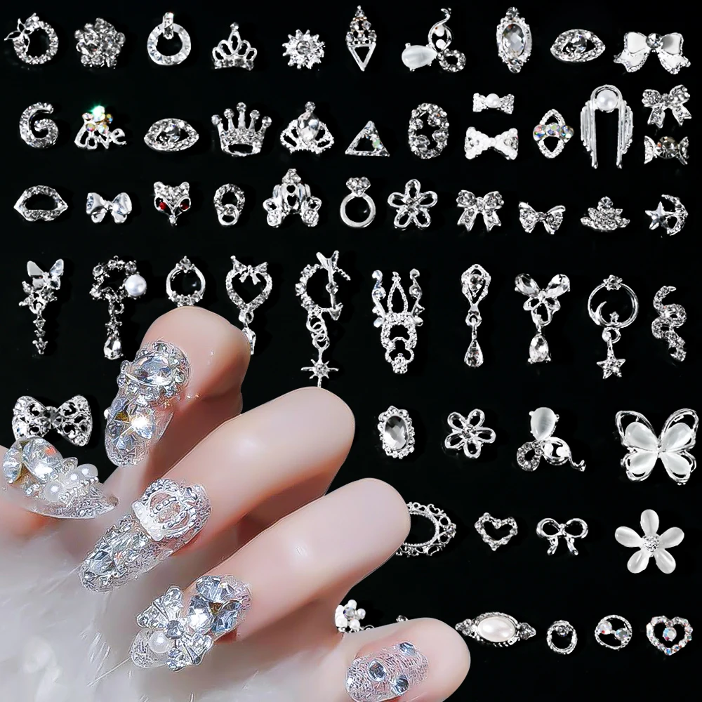 50pcs Mixed Random Alloy Nail Decorations Silver Gold Hollow Out Flowers Butterfly Nail Charms Parts Luxury Metal Manicure Gems