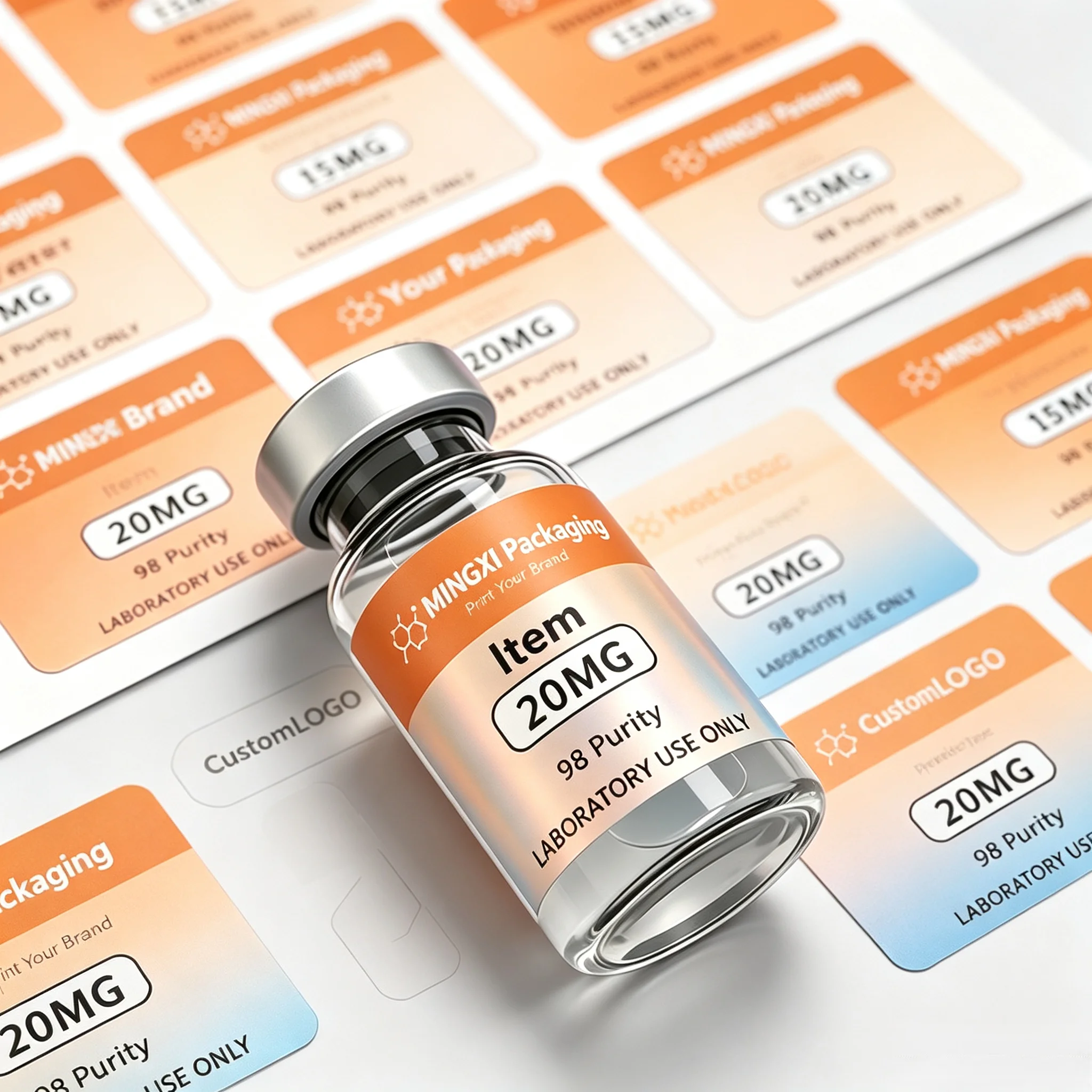 Free Design Service Custom Waterproof Vinyl Labels for Peptide Vials Beauty & Fitness Glass Vial Bottles