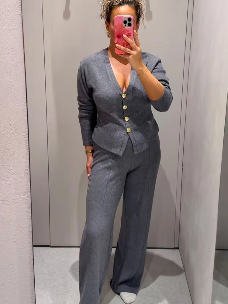 TFMLN 秋のストレートパンツセット レディース シンプルVネック 通勤トップス ファッション ハイウエスト ストリートウェア 女性用パンツ ツーピースセット