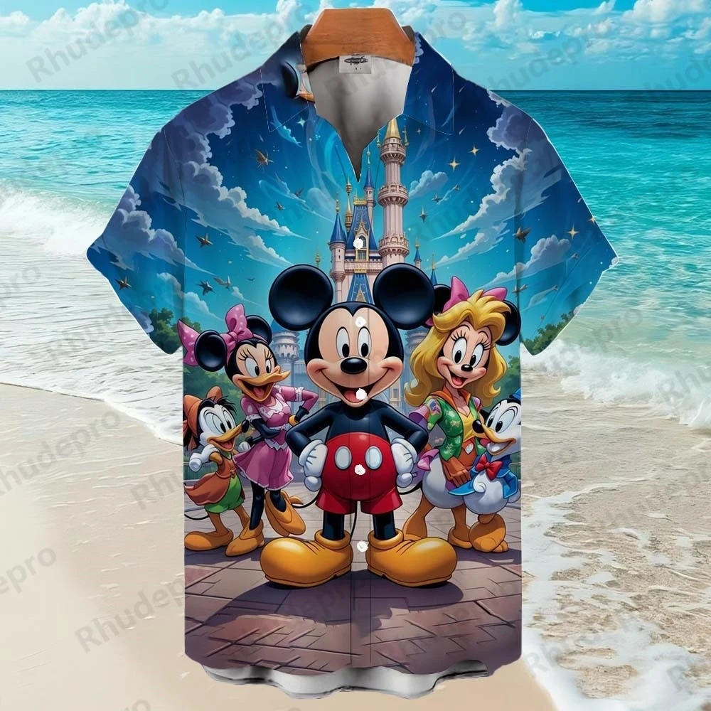 Disney 2025 Mickey Mouse Cartoon Summer Superhero Men's Short Sleeve Funny Print Casual Hawaiian Shirts Lapel Tops Shirts Loose