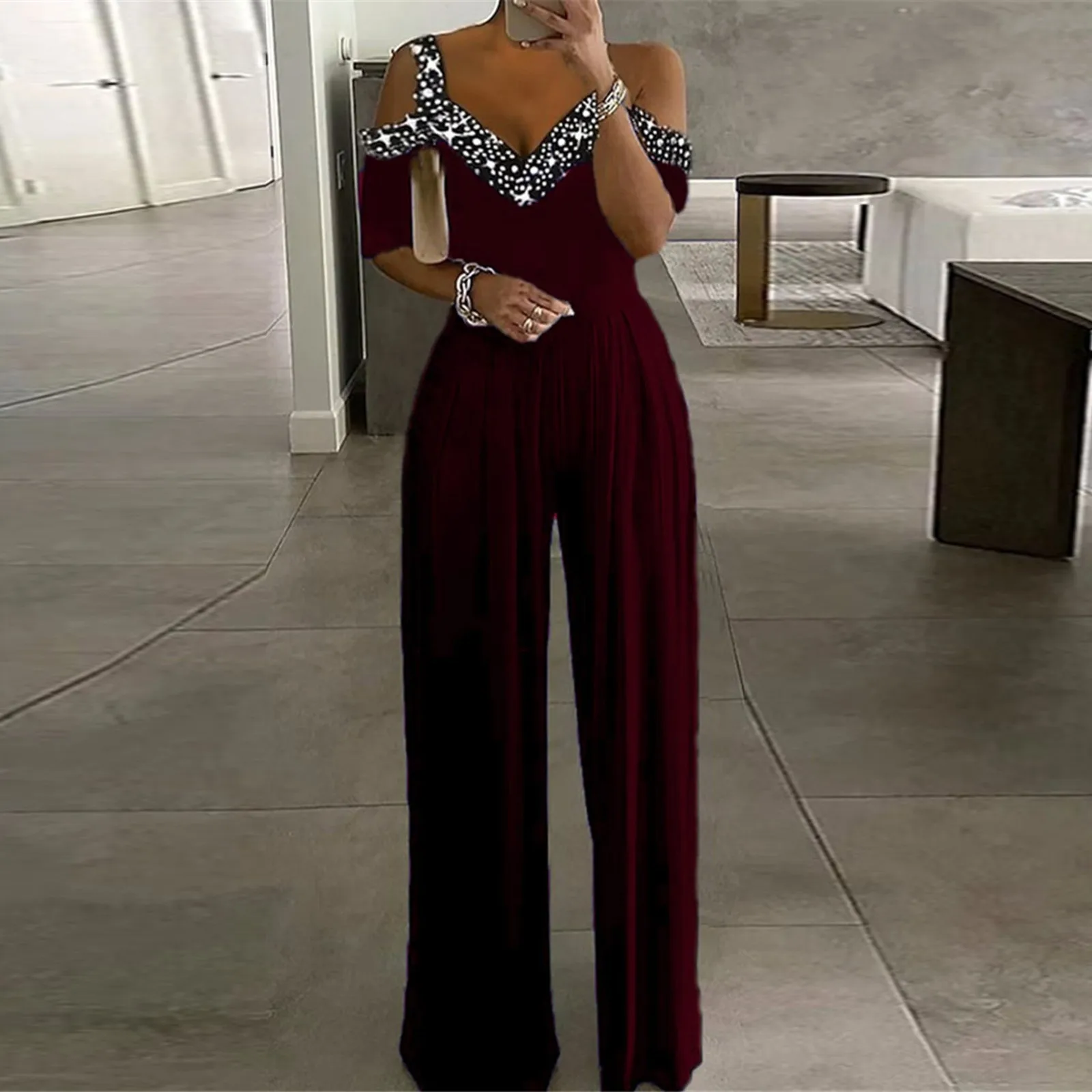 

Off Shoulder Jumpsuit Sequin Print Sleeveless Wide Leg Jumpsuit Women Loose Pants Overall Jumpsuits High Waist Spring Summer