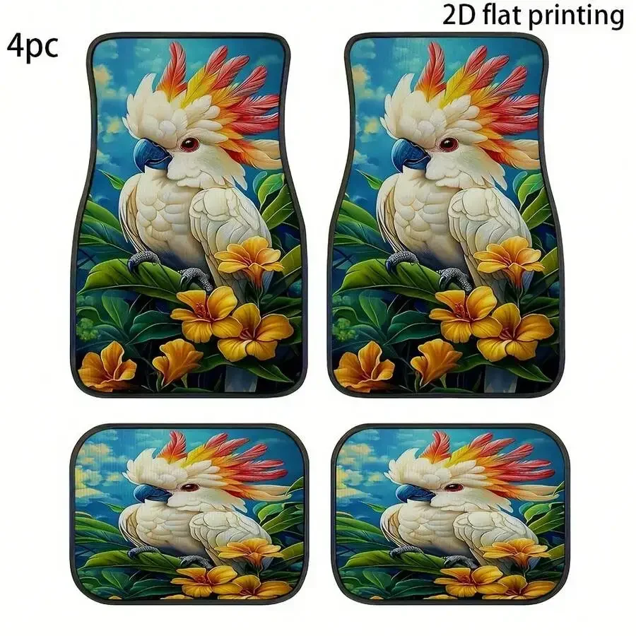 4pcs Car Floor Mats Tropical Parrot Floral Design Universal Polyester Fiber Automotive Interior Decor