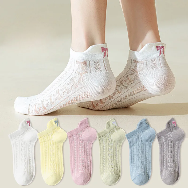 New Design Heel Bow Women Short Socks Lolita Kawaii Summer Thin Breathable Hollow Out Low Tube Sock Ins Trend White Cotton Socks